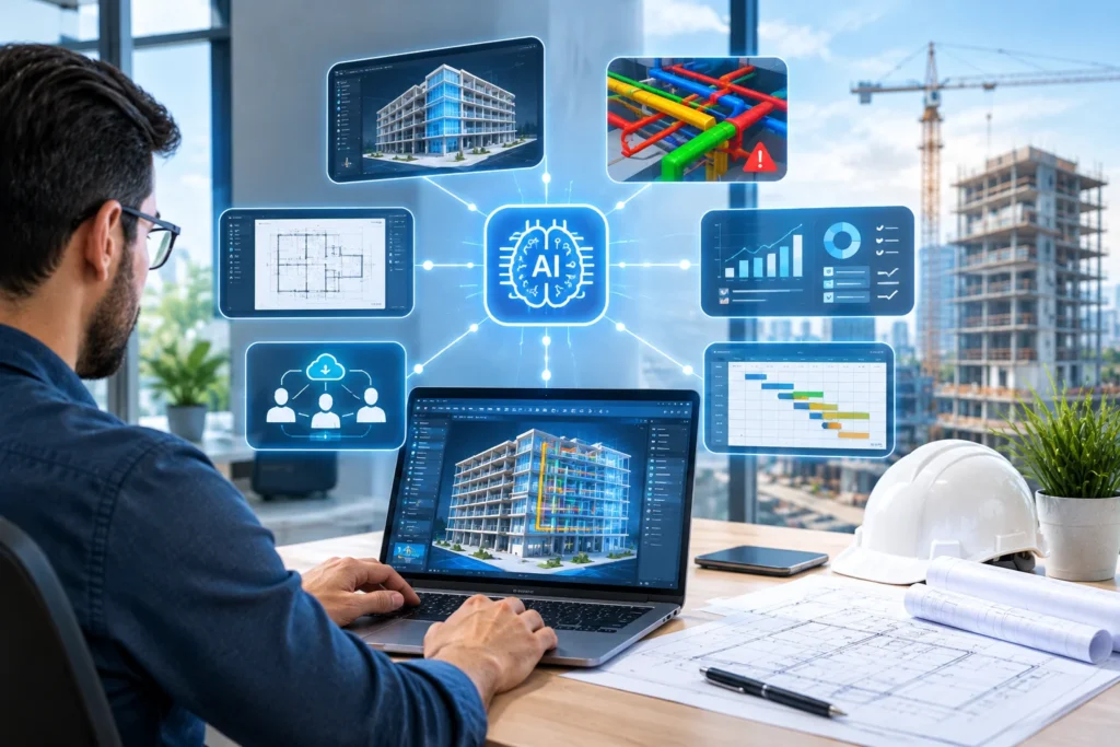 AI in BIM helping construction professionals improve 3D building modeling, clash detection, design coordination, project scheduling, and construction workflows.