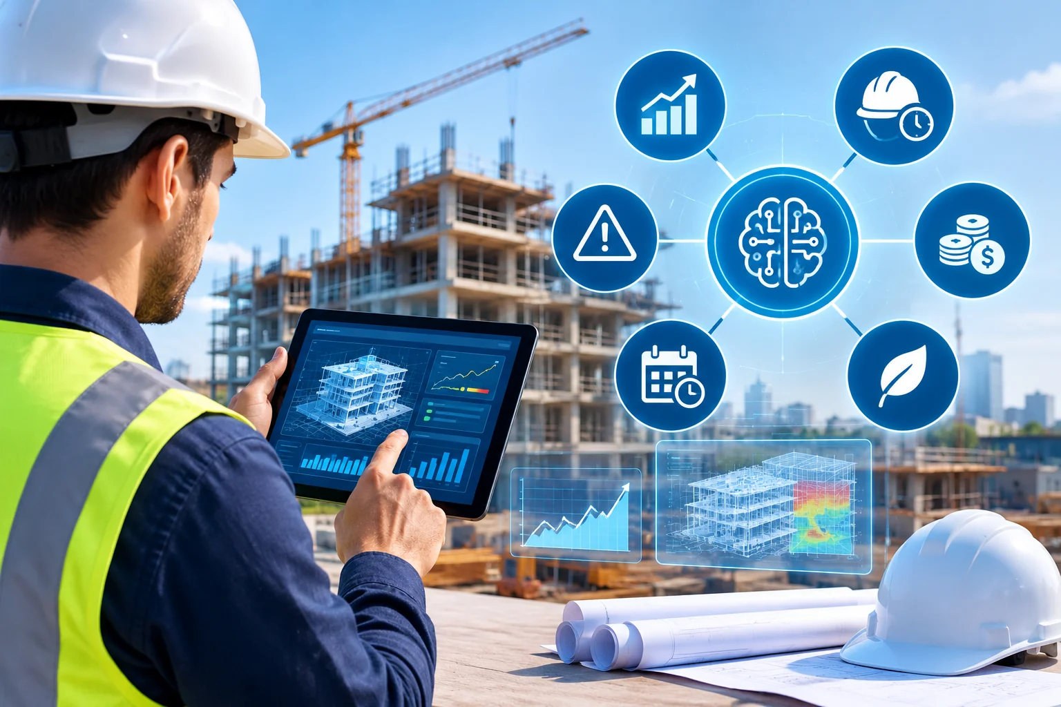 Construction engineer using AI-powered predictive analytics to monitor building models, analyze project data, forecast risks, and optimize construction schedules.
