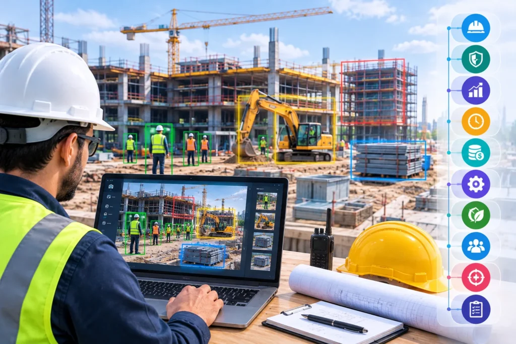 Computer vision in construction using AI-powered monitoring to improve site safety, quality control, productivity, and project tracking.