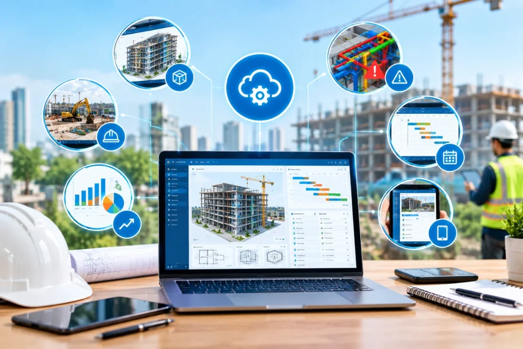 Construction software development platform displaying 3D building models, project scheduling, cost analysis, safety monitoring, and real-time construction project management tools.