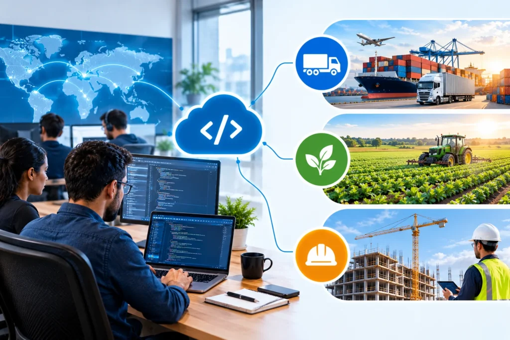 Offshore software development team building custom digital solutions for logistics, agriculture, and construction, featuring software development workstations, global connectivity, and industry-specific applications.