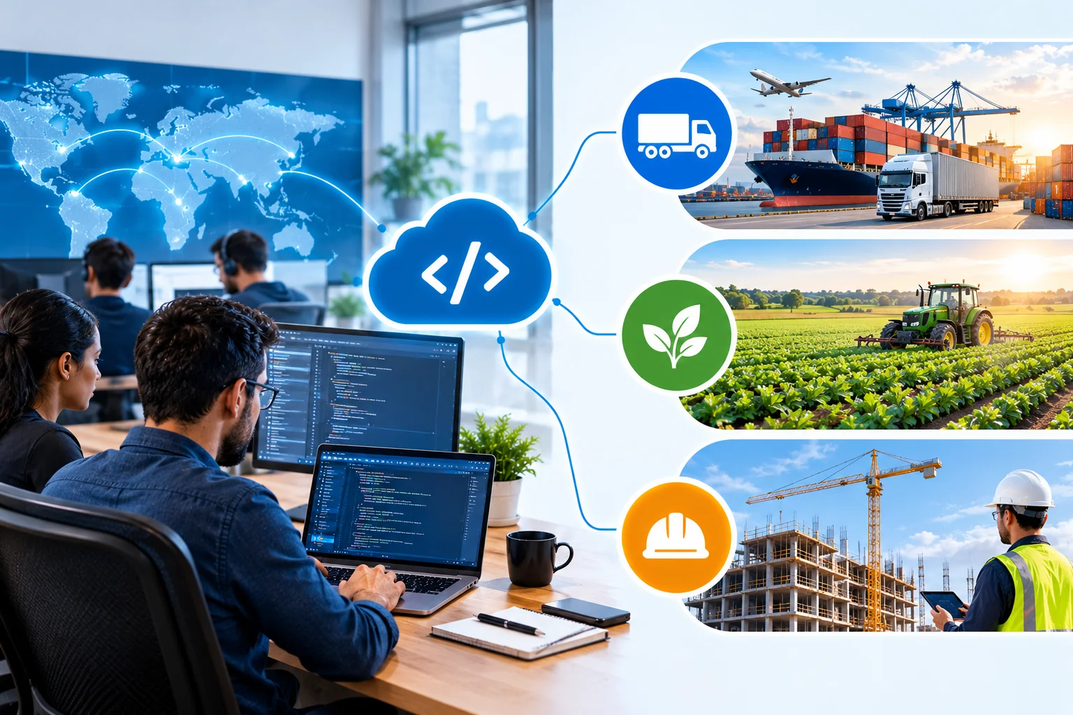Offshore software development team building custom digital solutions for logistics, agriculture, and construction, featuring software development workstations, global connectivity, and industry-specific applications.