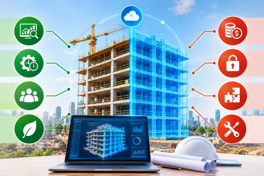 Digital twin technology in construction and engineering, showing a virtual building model connected to a real-world structure for monitoring, simulation, and performance analysis.