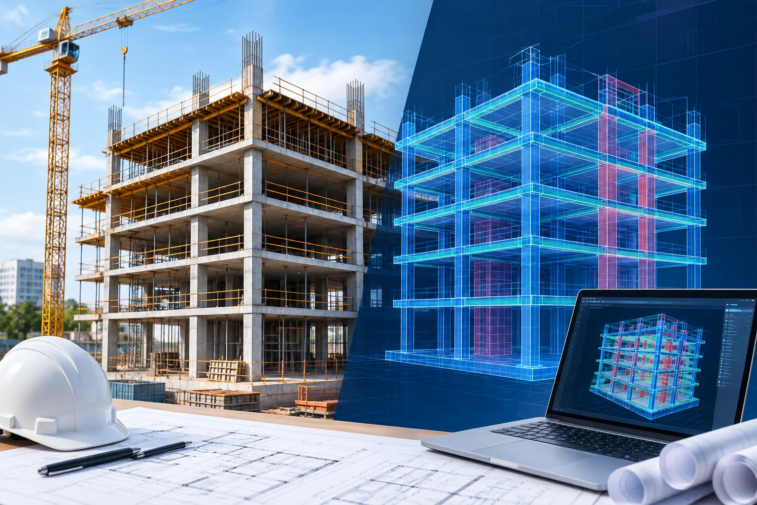 Digital twin and simulation comparison showing an engineering digital model, real-world industrial equipment, and virtual system testing for performance analysis.