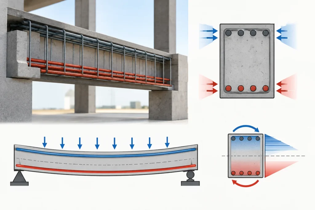 Doubly reinforced concrete beam showing top compression steel, bottom tension steel, stirrups, and stress distribution under structural loading.