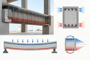 Doubly reinforced concrete beam showing top compression steel, bottom tension steel, stirrups, and stress distribution under structural loading.