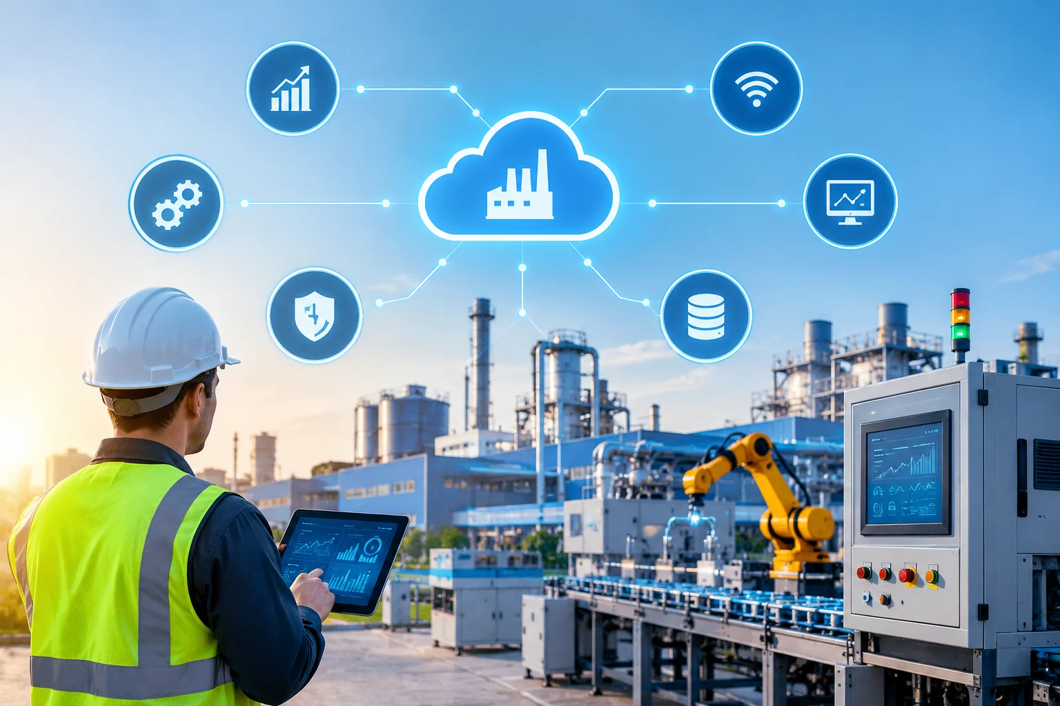 Industrial IoT infrastructure connecting factory equipment, smart sensors, robotic systems, and real-time monitoring dashboards to improve business operations.