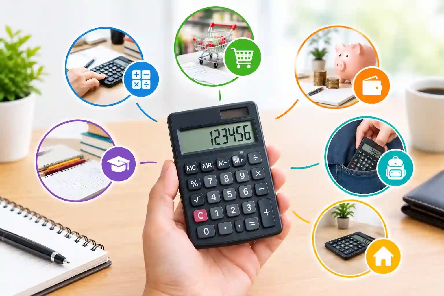 Pocket calculator used for quick everyday calculations such as addition, subtraction, multiplication, division, percentages, and budgeting.