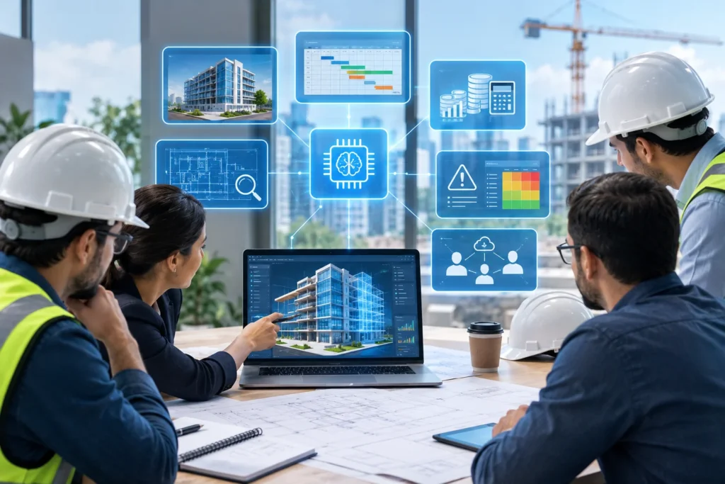 Construction professionals using AI-powered tools to analyze building designs, coordinate project teams, optimize schedules, and improve preconstruction planning.